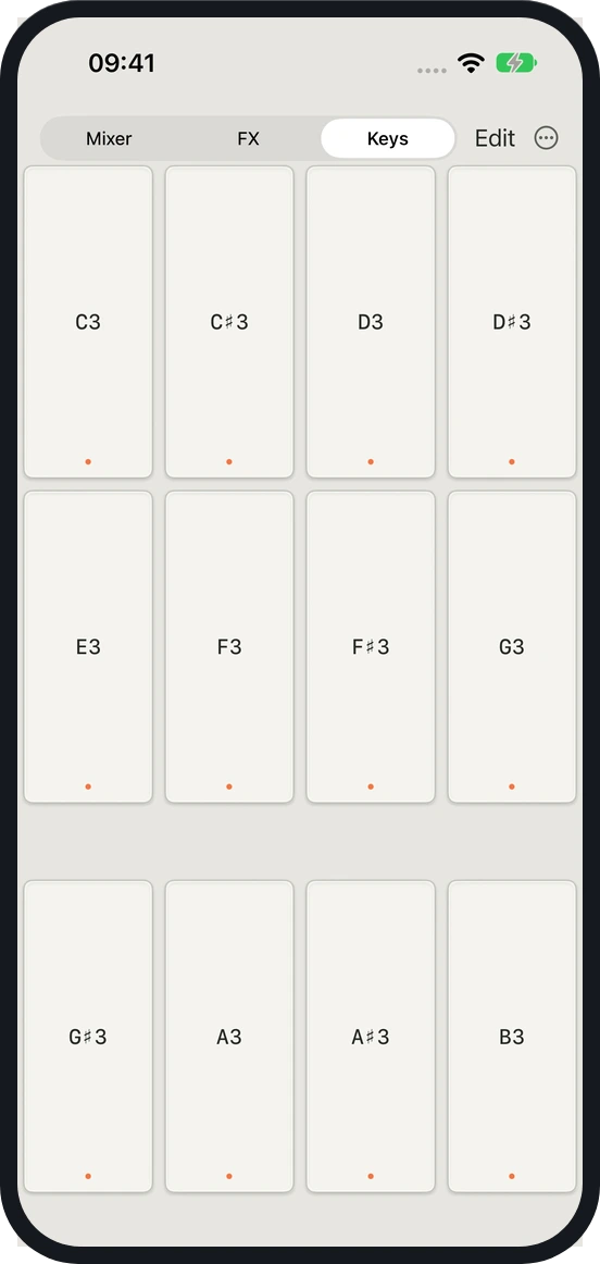 ControlMi’s Keys view with twelve trigger pads labeled C3 to B3.