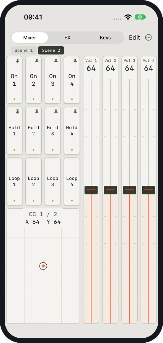 Mixer Scene 2 with trigger pads, four vertical faders, and an XY pad in ControlMi.