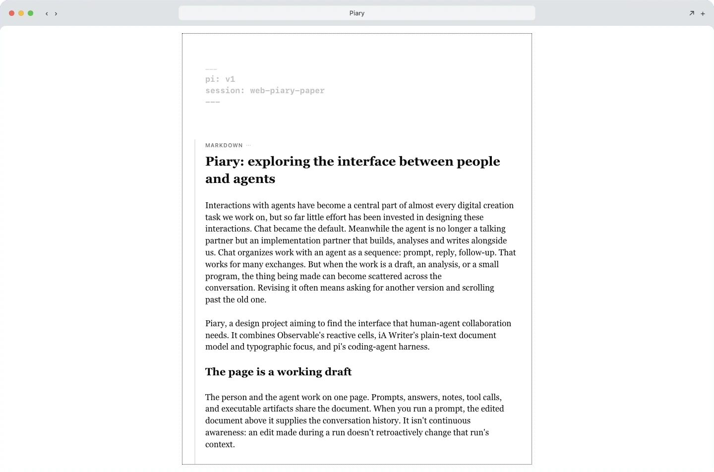 Piary’s public presentation text in the document editor.