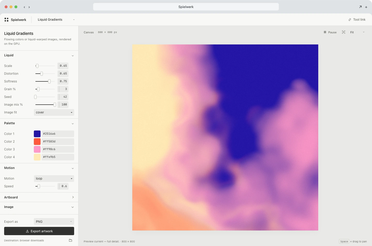 Liquid Gradients with flowing colors beside its design controls.