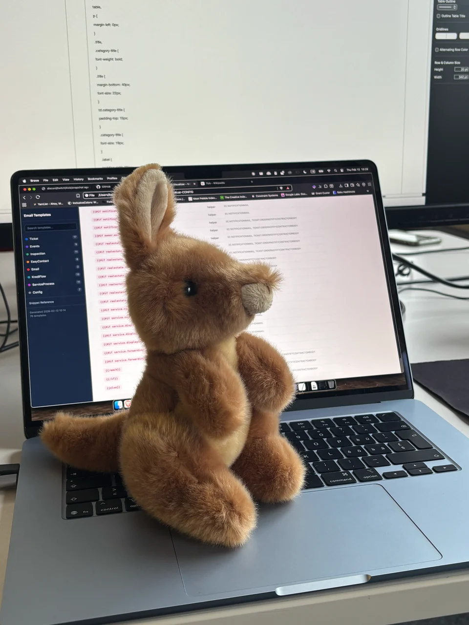 A plush rabbit sitting in front of a laptop screen